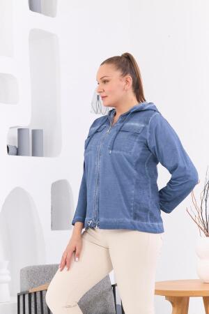 Fermuar Detaylı Kapşonlu Büyük Beden İndigo Yıkamalı Ceket - 5