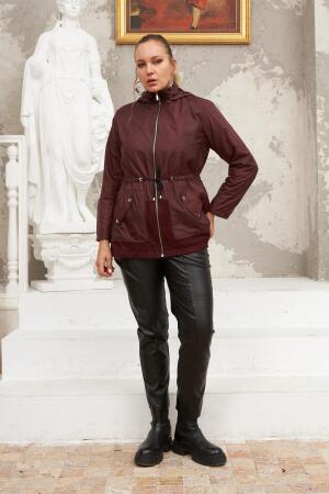 File Detaylı Büyük Beden Bordo Trençkot - 5