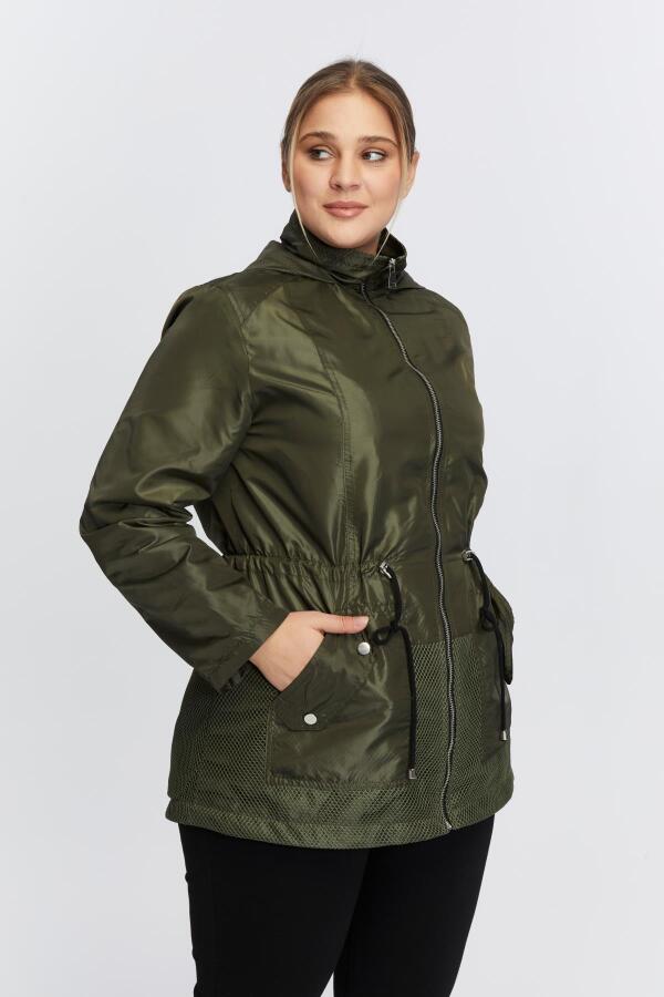 File Detaylı Büyük Beden Haki Trençkot - 2