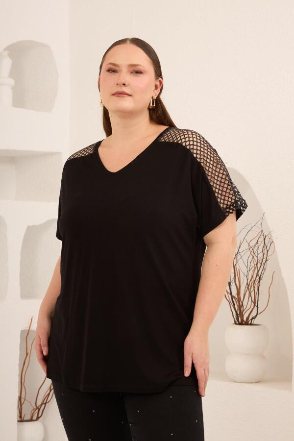 File Garnili Kadın Büyük Beden Tişört Siyah - 4