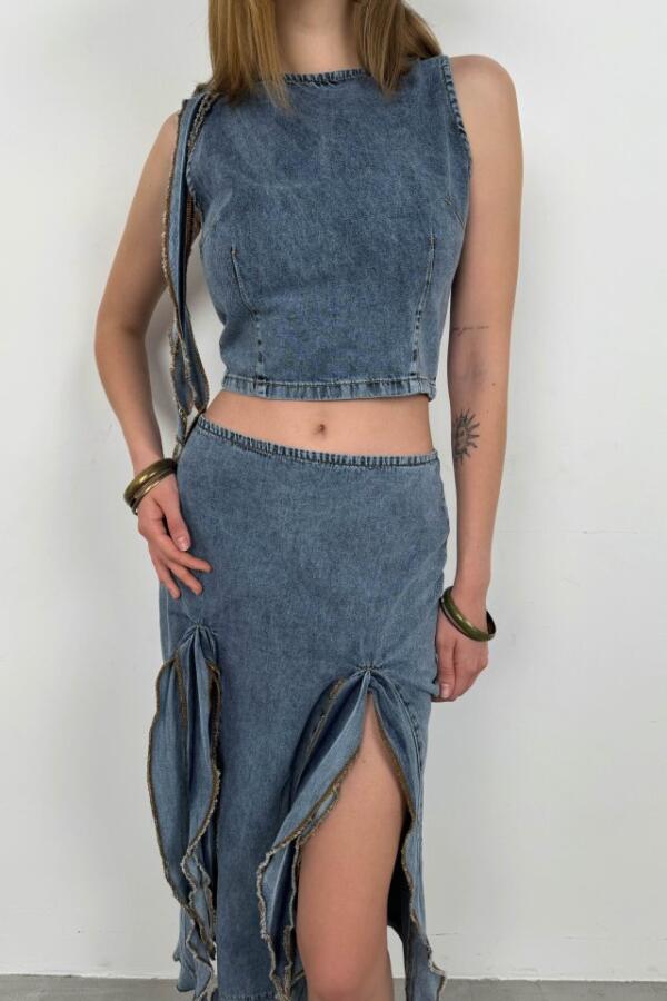 Fırfır Detay Denim Bluz - 3