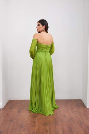 Fıstık Yeşili Şifon Kemer Detaylı Uzun Abiye Elbise - 5