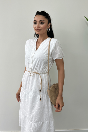 Fisto Kumaş Düğme Detaylı Mini Elbise - BEYAZ - 3