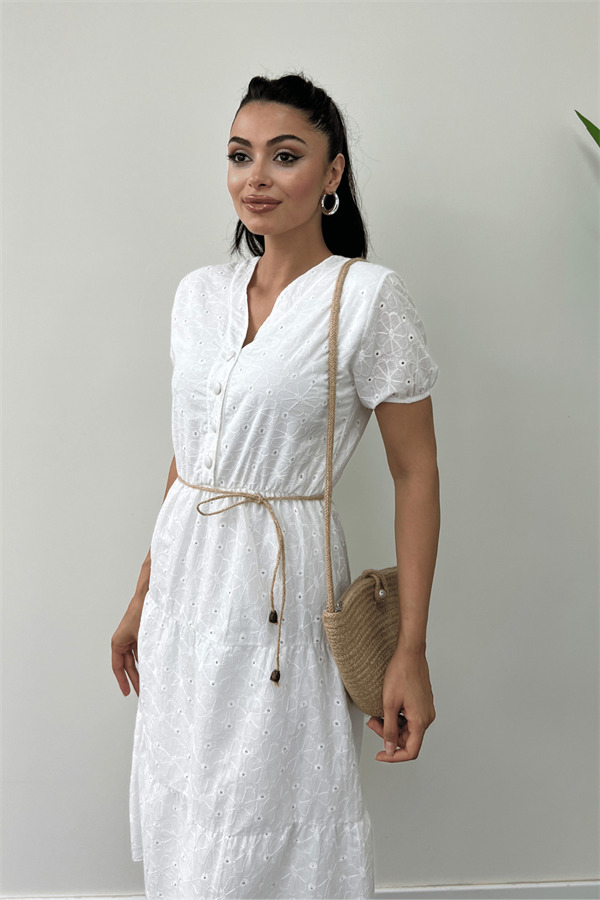 Fisto Kumaş Düğme Detaylı Mini Elbise - BEYAZ - 3