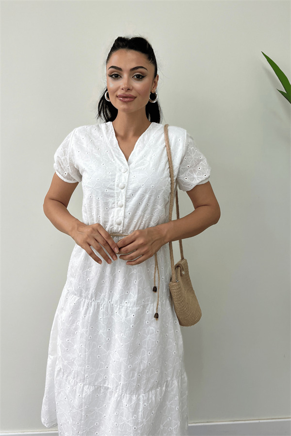 Fisto Kumaş Düğme Detaylı Mini Elbise - BEYAZ - 4