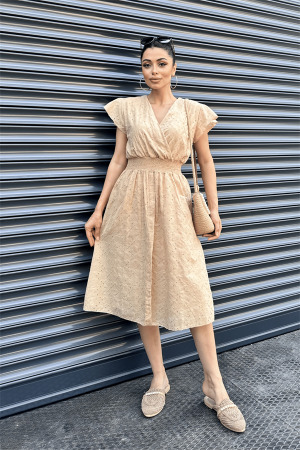 Fisto Kumaş Kruvaze Yaka Elbise - KREM - Angelino Moda