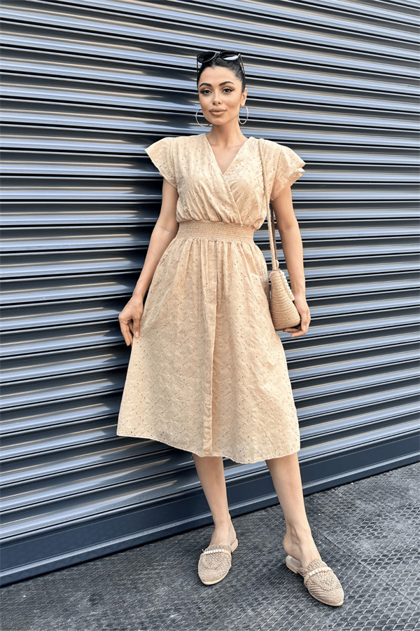 Fisto Kumaş Kruvaze Yaka Elbise - KREM - 1