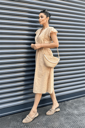 Fisto Kumaş Kruvaze Yaka Elbise - KREM - Angelino Moda (1)