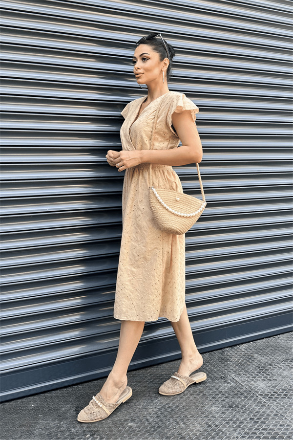 Fisto Kumaş Kruvaze Yaka Elbise - KREM - 2