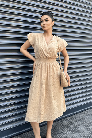 Fisto Kumaş Kruvaze Yaka Elbise - KREM - 3