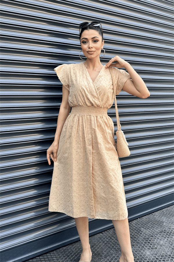 Fisto Kumaş Kruvaze Yaka Elbise - KREM - 4