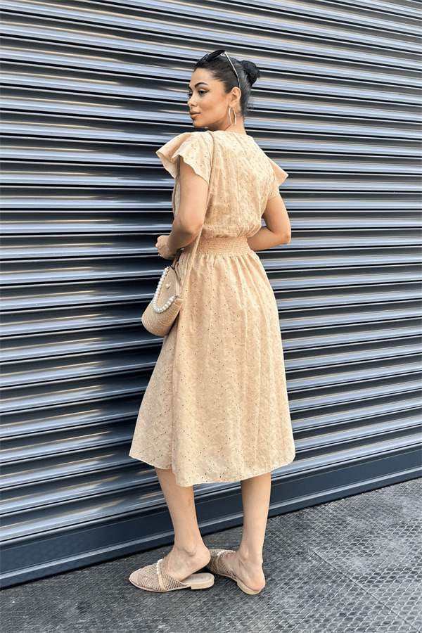 Fisto Kumaş Kruvaze Yaka Elbise - KREM - 5