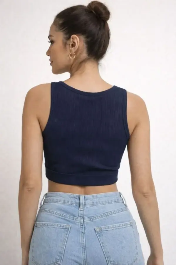 Fitilli Baskılı Crop - Lacivert - 2