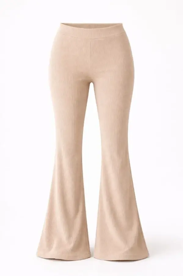 Fitilli Kaşkorse İspanyol Paça Tayt Yüksek Bel Esnek Günlük Rahat Pantolon - Bej - 2