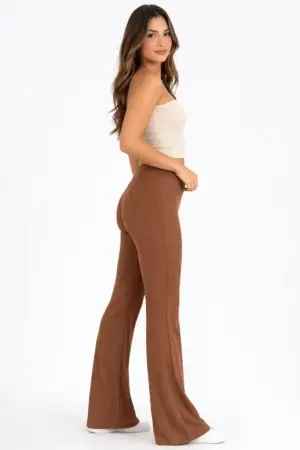 Fitilli Kaşkorse İspanyol Paça Tayt Yüksek Bel Esnek Günlük Rahat Pantolon - Kahverengi - 1