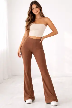 Fitilli Kaşkorse İspanyol Paça Tayt Yüksek Bel Esnek Günlük Rahat Pantolon - Kahverengi - 2