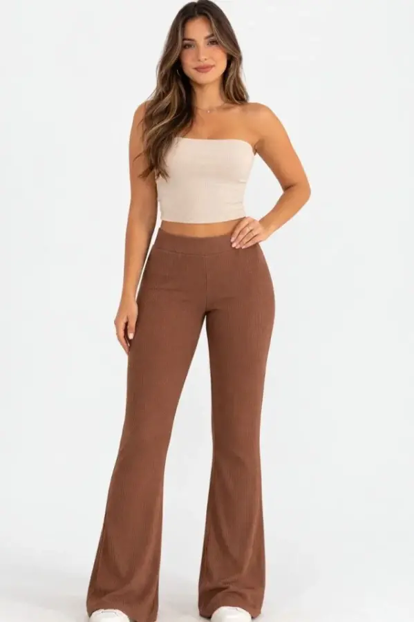 Fitilli Kaşkorse İspanyol Paça Tayt Yüksek Bel Esnek Günlük Rahat Pantolon - Kahverengi - 4