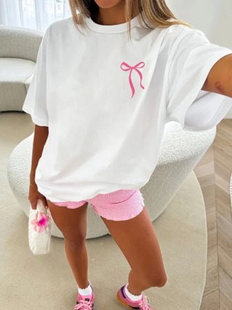 Fiyonk Baskılı Oversize Bisiklet Yaka T-shirt - Beyaz - 1
