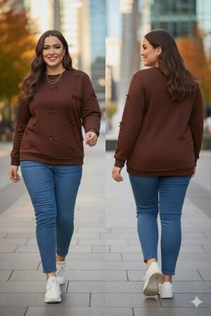 Fiyonk Detaylı Büyük Beden Sweatshirt Kahve - 1