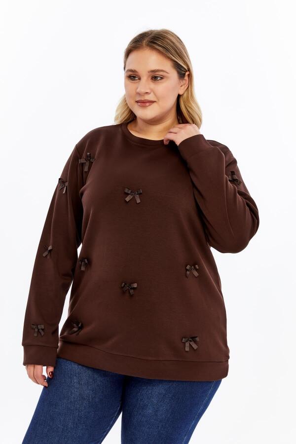 Fiyonk Detaylı Büyük Beden Sweatshirt Kahve - 5