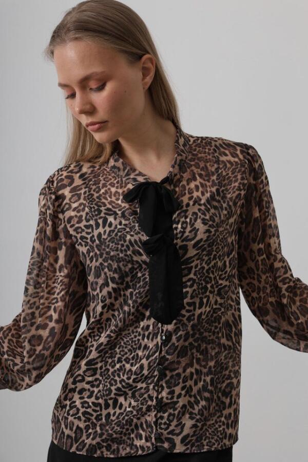 Fiyonk Detaylı Leopar Bluz - Leopar - 1