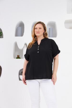 Fiyonk Düğme Detaylı Büyük Beden Bluz Siyah - RMG