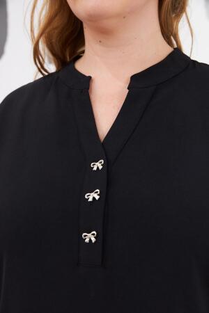 Fiyonk Düğme Detaylı Büyük Beden Bluz Siyah - 3