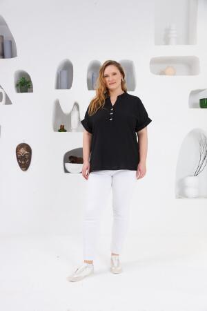 Fiyonk Düğme Detaylı Büyük Beden Bluz Siyah - 4