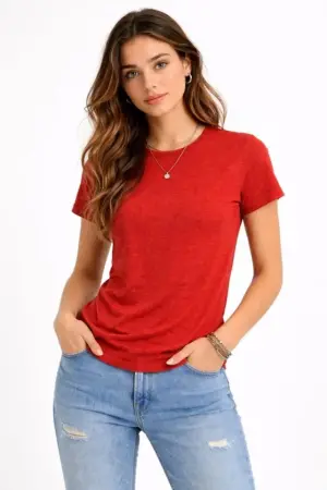 Flam Kumaş Melanj Dokulu Regular Fit Tişört Bisiklet Yaka Yazlık T-Shirt - Kiremit - 1