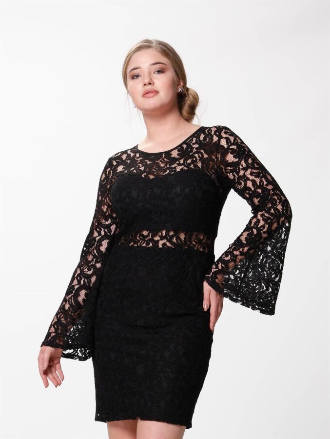 Flounce Sleeve Lace Dress Black - 1