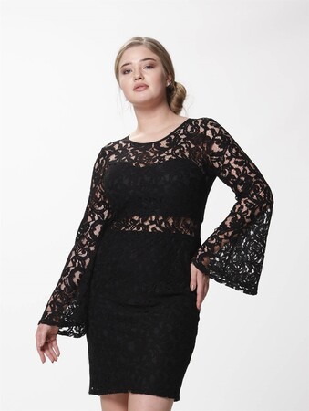 Flounce Sleeve Lace Dress Black - 2