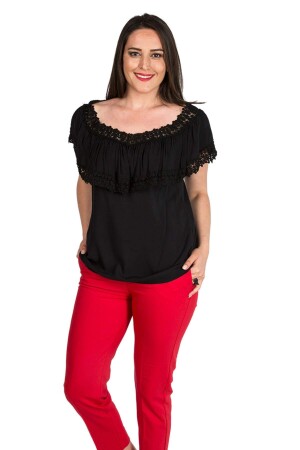 Frilly Lace Collar Plus Size Blouse Black - 1