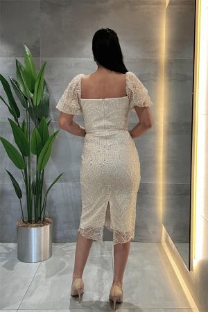 Ful Boncuklu Kare Yaka Kalem Elbise - GOLD - 5