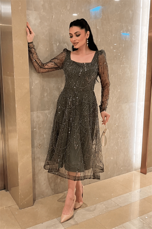 Ful Boncuklu Kare Yaka Midi Elbise - HAKİ YEŞİLİ - Angelino Moda (1)