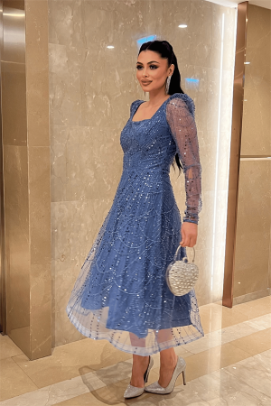 Ful Boncuklu Kare Yaka Midi Elbise - İNDİGO MAVİ - Angelino Moda (1)