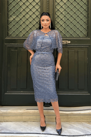 Ful Boncuklu Kumaş Bolero Detaylı Kalem Elbise - İNDİGO MAVİ - EİPOM