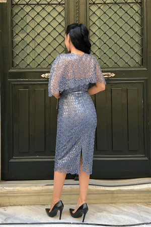 Ful Boncuklu Kumaş Bolero Detaylı Kalem Elbise - İNDİGO MAVİ - 5