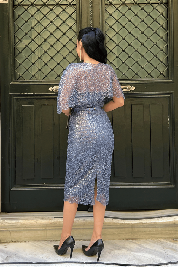 Ful Boncuklu Kumaş Bolero Detaylı Kalem Elbise - İNDİGO MAVİ - 5