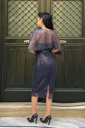 Ful Boncuklu Kumaş Bolero Detaylı Kalem Elbise - LACİVERT - 5