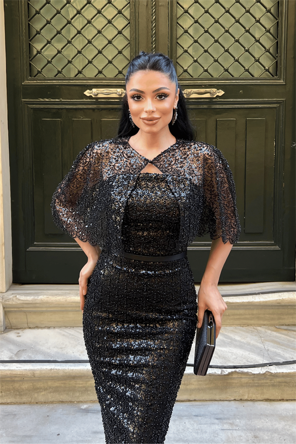 Ful Boncuklu Kumaş Bolero Detaylı Kalem Elbise - SİYAH - 3