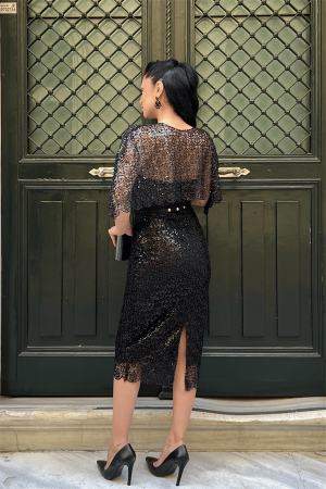 Ful Boncuklu Kumaş Bolero Detaylı Kalem Elbise - SİYAH - 5