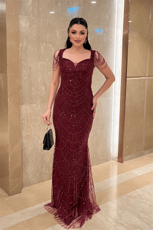 Ful Boncuklu Kumaş Omuz Detaylı Abiye Elbise - BORDO - Angelino Moda