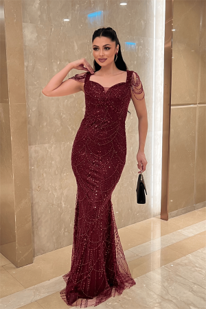 Ful Boncuklu Kumaş Omuz Detaylı Abiye Elbise - BORDO - Angelino Moda (1)