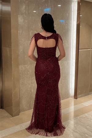 Ful Boncuklu Kumaş Omuz Detaylı Abiye Elbise - BORDO - 5