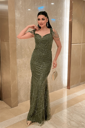 Ful Boncuklu Kumaş Omuz Detaylı Abiye Elbise - HAKİ YEŞİLİ - Angelino Moda (1)