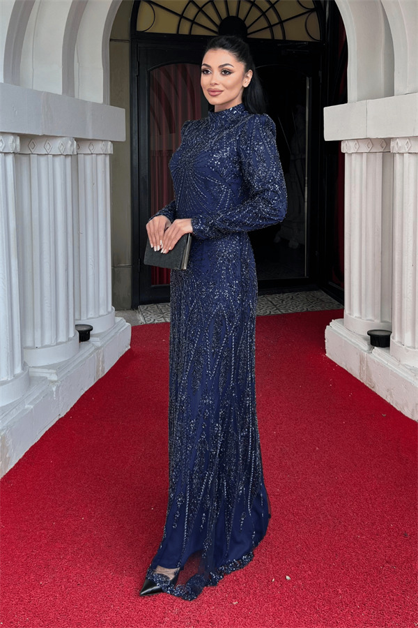 Full Boncuk Kumaş Tasarım Abiye Elbise - LACİVERT - 2