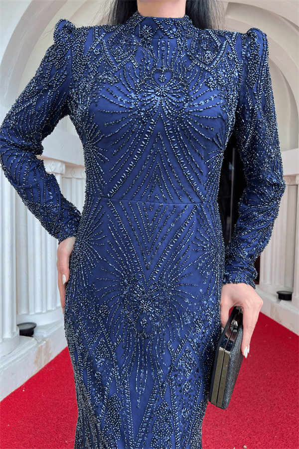 Full Boncuk Kumaş Tasarım Abiye Elbise - LACİVERT - 4
