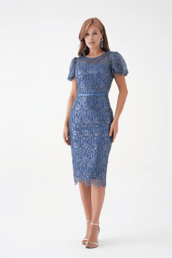 Full Boncuklu Kalem Elbise - İNDİGO MAVİ - 1