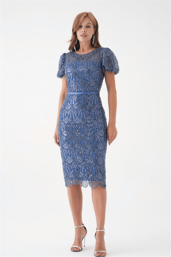 Full Boncuklu Kalem Elbise - İNDİGO MAVİ - 2