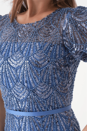 Full Boncuklu Kalem Elbise - İNDİGO MAVİ - 4